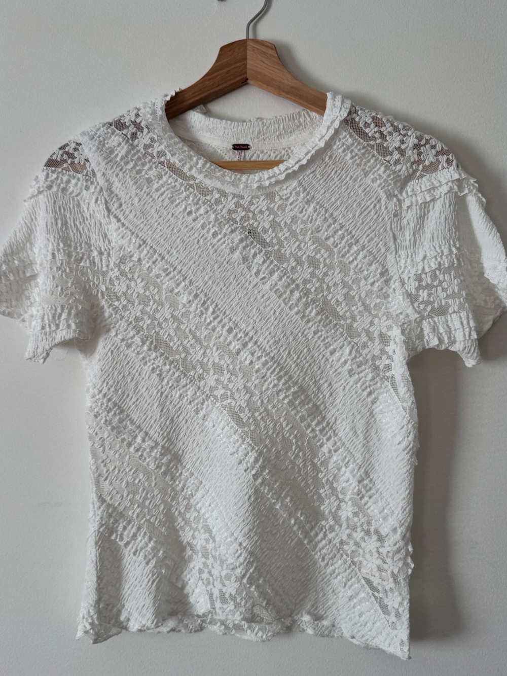 Free People White Lace-Textured Short Sleeve Tee, Size M ,NWT